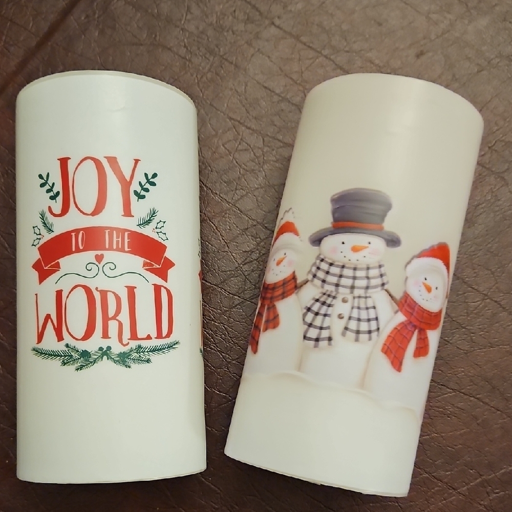Festive White Holiday 6" Flameless Candles - Snowmen & Joy To The World